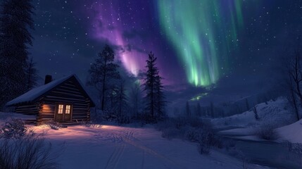 Naklejka premium Bright aurora borealis shining above a rustic cabin in winter, casting a soft, colorful glow on the snowy ground.