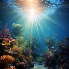 Obraz premium A vibrant underwater scene with coral reefs and sunlight filtering through the water.