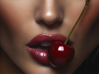 Alluring Close-Up of Lips Enjoying Fresh Fruit with Deep Red Cherry, 深紅のチェリーを楽しむ唇の魅惑的なクローズアップ.Generative AI

