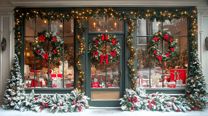 A festive storefront decorated with wreaths, ribbons, and holiday lights, surrounded by snow, creating a cozy Christmas atmosphere.