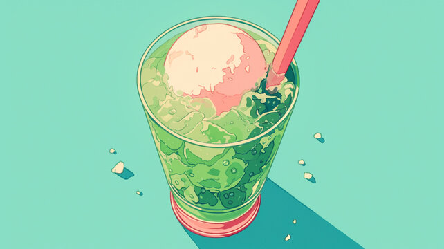 クリームソーダのポップなグラフィックアート,メロンジュース,アイスクリーム,炭酸,