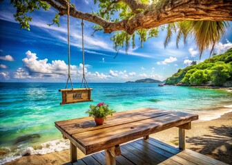 Serene Landscape Photography Featuring a Rustic Wood Table and a Charming Hanging Sign Against a Stunning Blue Sea Background for Tranquil Coastal Vibes