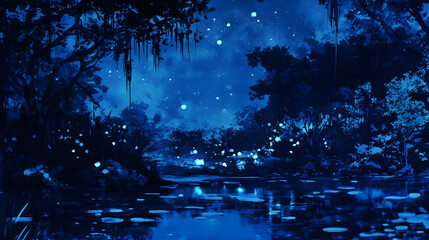 Fototapeta premium A serene night scene of a forest lake illuminated by moonlight and fireflies.