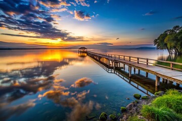 Obraz premium Serene Low Light Photography of Jetty at Lake Langano, Ethiopia with Reflections on Water at Twilight, Capturing Tranquility and Nature's Beauty in a Stunning Landscape Setting