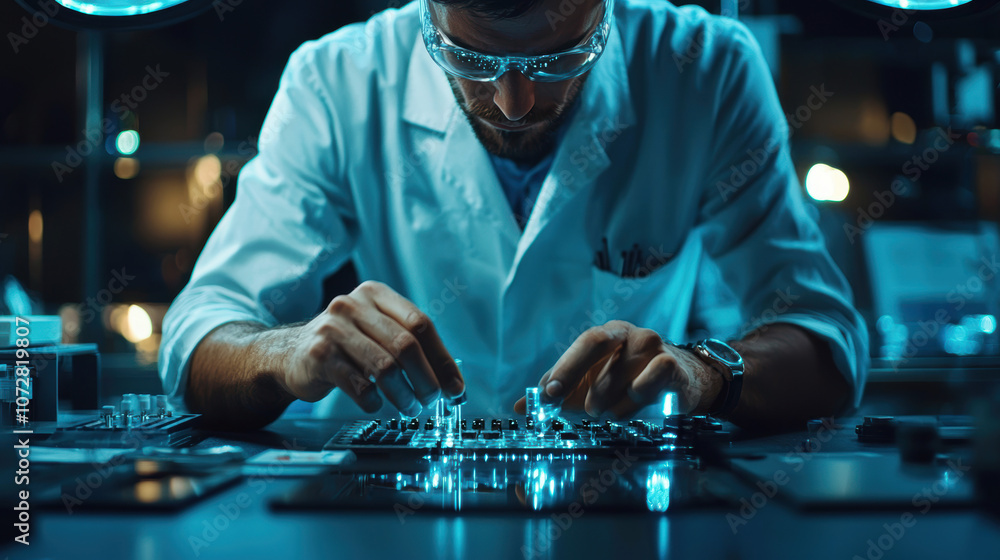 Aufkleber a scientist in a lab coat is meticulously working on experiments under focused lighting, showcasing 