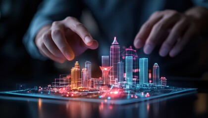 A futuristic model city with glowing buildings and holographic features.