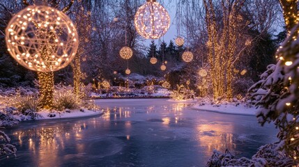 A magical winter wonderland with a frozen pond, surrounded by trees decorated with shimmering lights and ornaments.