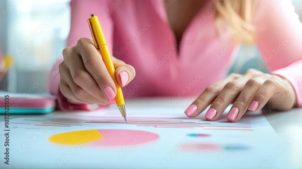 Poster a woman analyzing data with graphs and charts using a yellow pencil at a desk.
