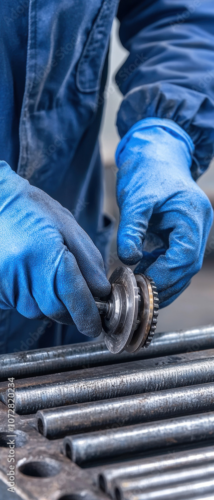 Poster a worker in blue gloves is examining a gear component, demonstrating precision in mechanical assembl