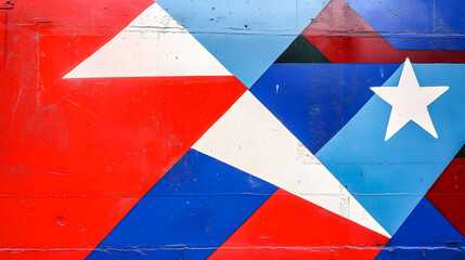 Obraz premium Abstract red and blue geometric shapes with white star motifs and artistic design.