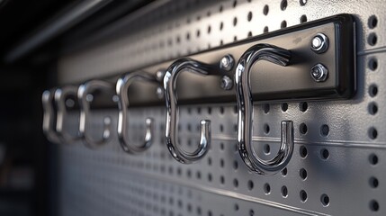 A row of metal hooks mounted on a perforated panel for storage.