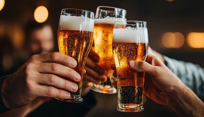 Three glasses of beer clinking together in celebration with friends.