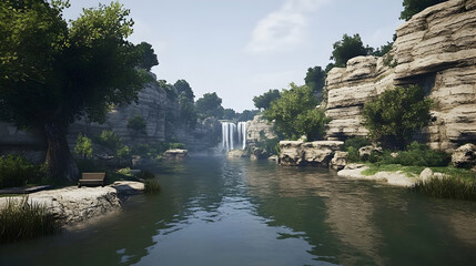 A serene waterfall cascades into a calm lake surrounded by lush greenery and rocky cliffs, with a wooden bench inviting visitors to enjoy the peaceful scenery.