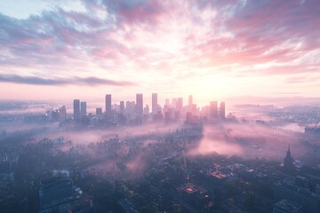 Fototapeta premium Aerial view of a City skyline, with a foggy atmosphere