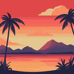 Tropical Sunset with Palm Trees and Mountains