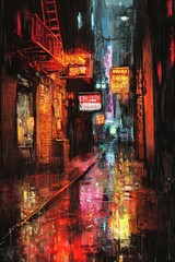 An alleyway with neon signs glowing through the rain, the reflections dancing on the wet pavement, giving a moody, cinematic feel. 