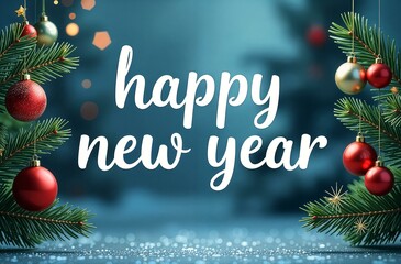 Christmas tree branches with red and silver toy balls, on a blue background with the text "Happy New Year". New Year card, banner.