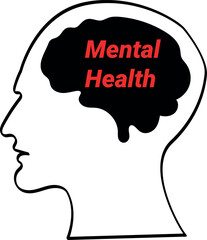 Mental Health Text in Red on Black Brain Inside Head Outline