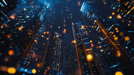 Smart digital Innovation Business skyscrapers in the Financial District with connection network reciprocity over the cityscape. of future smart wireless digital city and social media networking