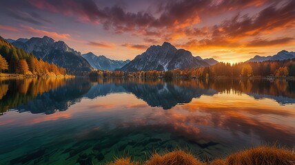 Fototapeta premium Fantastic autumn sunset of Hintersee lake