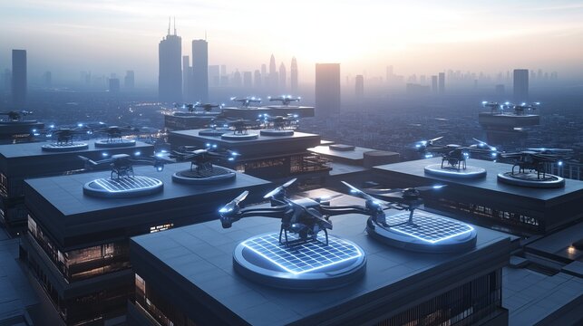 A fleet of autonomous electric delivery drones flying over a modern cityscape, powered by solar-charging pads on rooftops. 