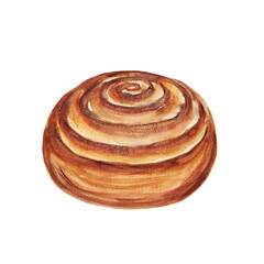 
Cinnamon bun, roll with cream fudge. Bakery item made of butter dough, cookie, bun, homemade baking for breakfast, coffee time. Hand drawn watercolor illustration.