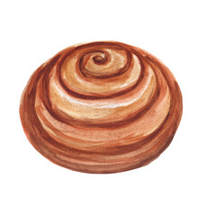 
Cinnamon bun, roll with cream fudge. Bakery item made of butter dough, cookie, bun, homemade baking for breakfast, coffee time. Hand drawn watercolor illustration.
