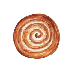 
Cinnamon bun, roll with cream fudge. Bakery item made of butter dough, cookie, bun, homemade baking for breakfast, coffee time. Hand drawn watercolor illustration.