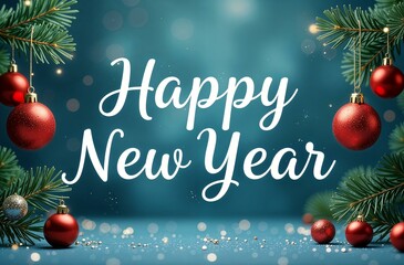 Christmas tree branches with red and silver toy balls, on a blue background with the text "Happy New Year". New Year card, banner.