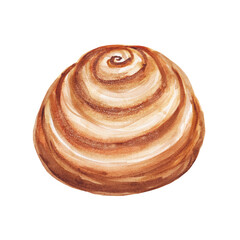 
Cinnamon bun, roll with cream fudge. Bakery item made of butter dough, cookie, bun, homemade baking for breakfast, coffee time. Hand drawn watercolor illustration.