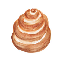 
Cinnamon bun, roll with cream fudge. Bakery item made of butter dough, cookie, bun, homemade baking for breakfast, coffee time. Hand drawn watercolor illustration.