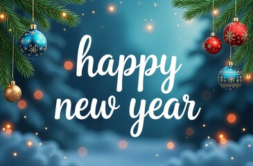 Christmas tree branches with red and silver toy balls, on a blue background with the text "Happy New Year". New Year card, banner.