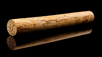 A single cork stopper isolated on a black reflective background.