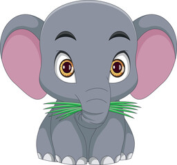 cartoon cute baby elephant eating grass