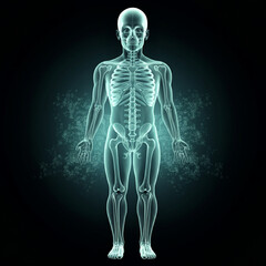 A digital of a human skeleton in a standing position, in a semi-transparent, glowing style with a blue-green color palette against a dark background