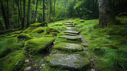 Fototapeta premium Stone Pathway Embraced by Moss Leads Into the Forest