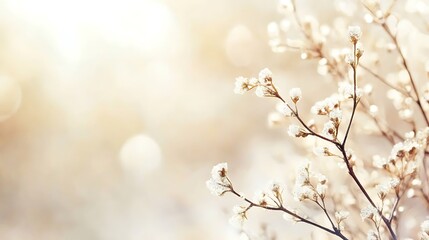 Delicate Branch with White Flower Buds Against a Soft Bokeh Background
