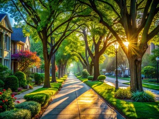 Obraz premium Serene Sidewalk Pavement on an American Street Surrounded by Lush Greenery and Nature's Beauty, Capturing Tranquility in Urban Landscapes