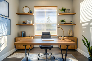 Modern home office with sleek wooden furniture, floating shelves, and natural light streaming through blinds. 