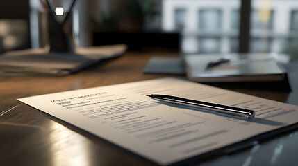 Professional resume on desk with pen beside it, job interview prep, 8k, hyper realistic, real life based