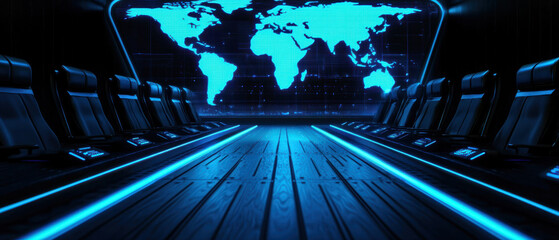 A futuristic room with a glowing blue world map and sleek, illuminated elements on the floor and walls, suggesting a sci-fi or high-tech setting.