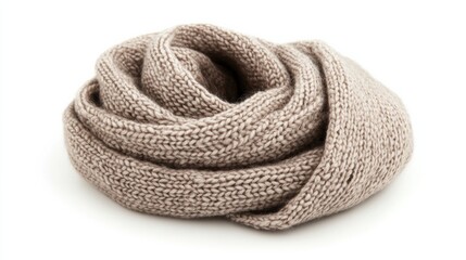 A cozy knitted scarf folded neatly on a solid white background