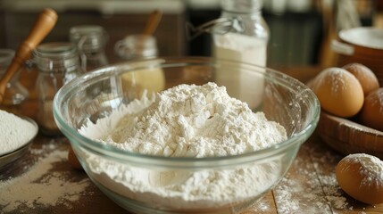Fototapeta premium A glass bowl filled with white flour sits on a wooden countertop, surrounded by other baking ingredients like eggs and more flour.