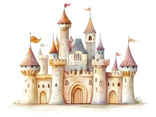 Fototapeta premium A watercolor illustration of a fairy castle on a white background