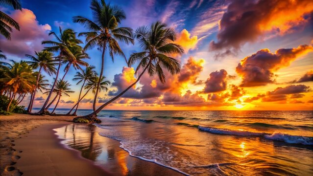 Serene Sunset at a Tropical Beach with Palm Trees - A Panoramic View of the Ocean and Sky Blending in Vibrant Colors, Capturing the Beauty of Nature's Evening Light