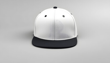 Fototapeta premium White and black snapback caps mockup on a grey background, front view isolated with white highlights, png