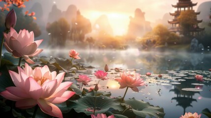 Serene Pink Lotus Flowers Near Buddhist Temple