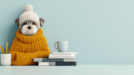 cozy 3D illustration featuring Yorkshire Terrier wearing knitted hat and sweater, sitting beside books and cup, evoking warmth and comfort