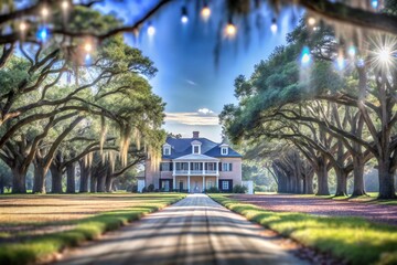 Fototapeta premium Serene View of Windsor Plantation with Lush Greenery and Bokeh Effect for a Tranquil Atmosphere and Nature Experience