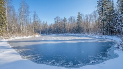 Obraz premium Winter landscape featuring a frozen lake surrounded by snowy trees, style landscape